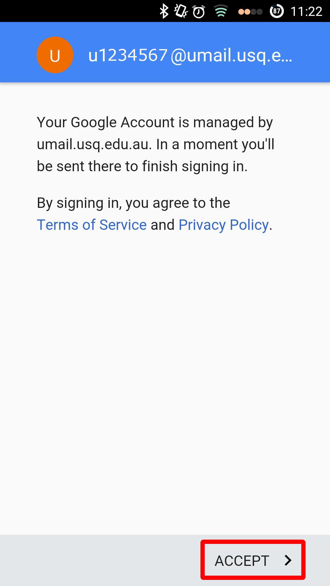 How do I setup my USQ UMail account on my Android device?